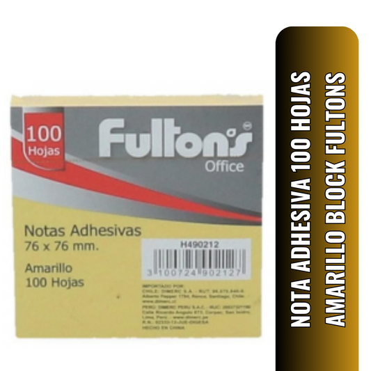 NOTA ADHESIVA 100 HOJAS 7.6 X 7.6cm AMARILLO 654 BLOCK FULTONS